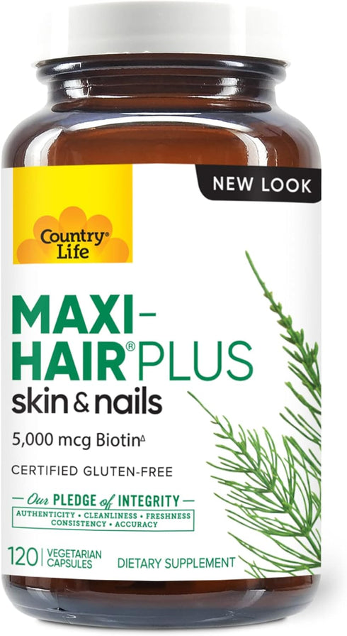 Country Life Maxi-Hair Plus Maximized with 5,000mg Biotin - Healthy Hair, Skin & Nails Support Supplement - Gluten-Free, Vegetarian, Soy-Free, Pre...