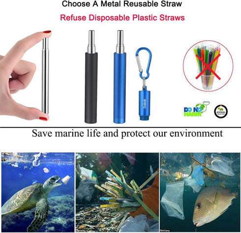 2 Pack Reusable Metal Straws Collapsible Stainless Steel Drinking Straw Travel Portable Telescopic Straw with Case,2 Cleaning Brushes Included Bla...