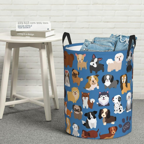 Cute Dogs Blue Round Laundry Hamper Storage Basket Toys Clothes Organizer Bin For Home Bathroom Bedroom Dorm Nursery, 38l...