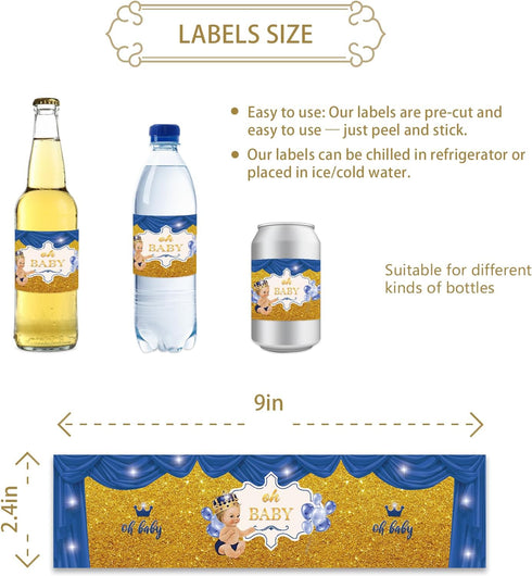 32pcs Blue Oh Baby Water Bottle Labels, Gold Glitter Gender Reveal/1st Birthday Stickers, Little Prince Bottle Wrappers, Welcome Baby Boy Bottle W...