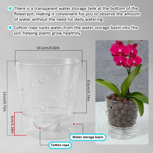 4inch Self Watering Glass Orchid Pot with Holes, Clear Plant Pot Orchids Planter for Indoor Plants with Saucer Reservoir & Drainage Holes, Easy Se...