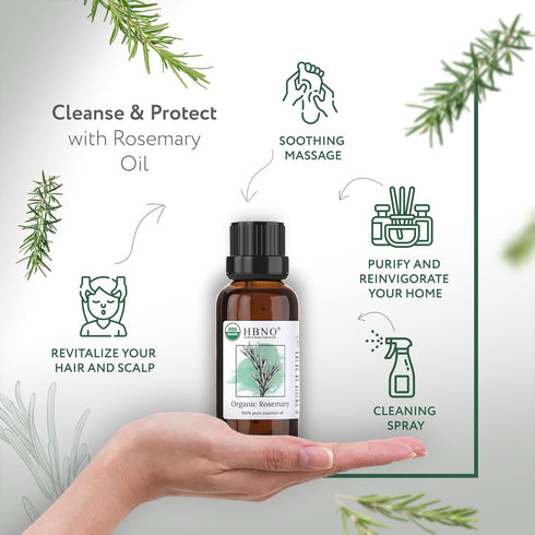 HBNO® California Bottled Organic Rosemary Essential Oil 1 fl oz (30ml) - USDA Certified Organic Rosemary Essential Oil for Aromatherapy, Soap Maki...