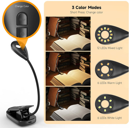 Book Lights for Reading in Bed, 12 LEDs Rechargeable Battery Clip Lamp with 3 Lighting Color, Stepless Dimming, Eye Protection, 80 Hours Runtime, ...