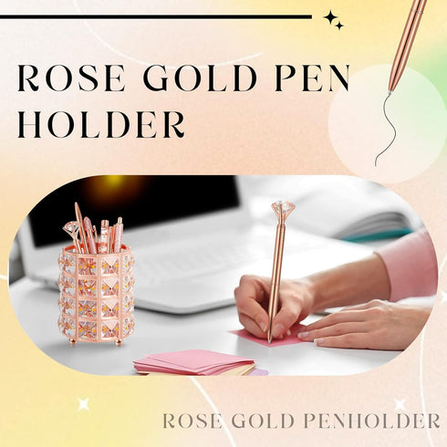 Ballpoint Pen Holder with 6 Glitter Bling Pen Rose Gold Diamond Pencil Holder Jeweled Gold Makeup Brush Holder Organizer for Women Girl Office Sch...