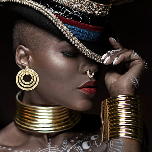 6 Pieces Gold African National Tribal Costume Accessories Set Long Neck Collar Necklaces Metal Bracelet Gothic Chunky Nose Hoop Chain Swirl Earrin...