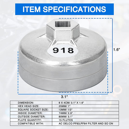 Tongze 74mm Oil Filter Wrench: 15 Flutes Oil Filter Removal Tool Compatible with AC Delco PF63/PF64 Oil Filter for Chevy Silverado 4.3L Equinox 1....