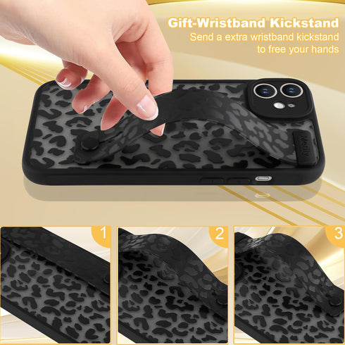 LSL Case for iPhone 11 Black Leopard Cheetah with Wristband Kickstand, Translucent Matte Shockproof Protective Slim Aesthetic Case for Women Girls...