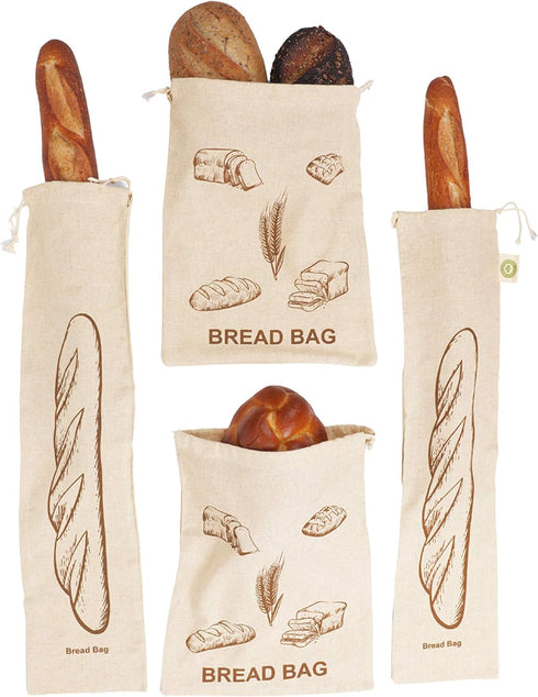 Reusable Bread Bags for Homemade Bread - 100% Organic Linen - 2 Large and 2 Extra Large Reusable Cloth Storage Bags with Drawstring for Sourdough ...