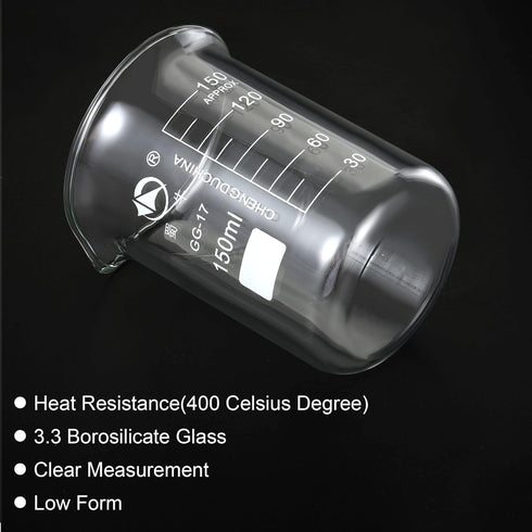 PATIKIL 150ml Low Form Glass Beaker, 3.3 Borosilicate Glass Graduated Printed Scale Measuring Cups with Spout for Kitchen Lab Liquids Transit Boil...