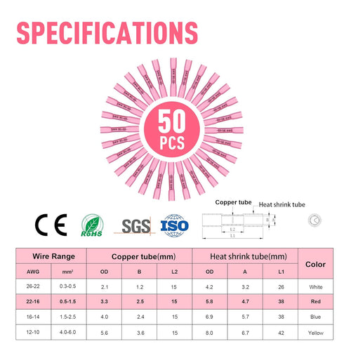 Kuject 50PCS Heat Shrink Butt Connectors 22-16 AWG, Insulated Waterproof Butt Connectors, Tinned Copper Electrical Wire Crimp Terminals Butt Splic...
