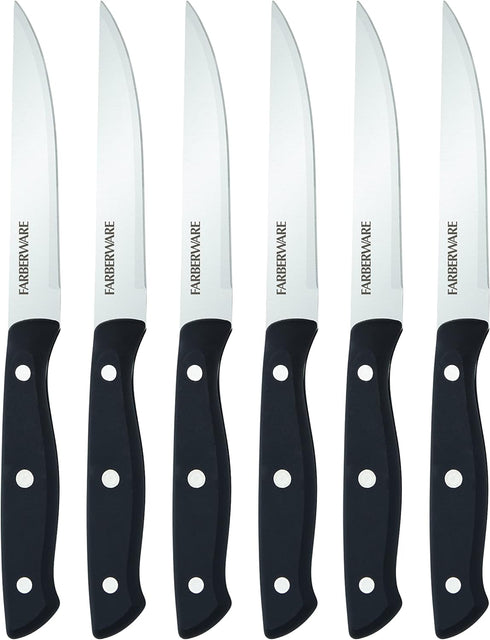 Farberware Triple Riveted Steak Knife Set, 6-Piece, High-Carbon Stainless Steel Knife Set, Razor-Sharp Steak Knife Set with Fine Edge Blades, Blac...