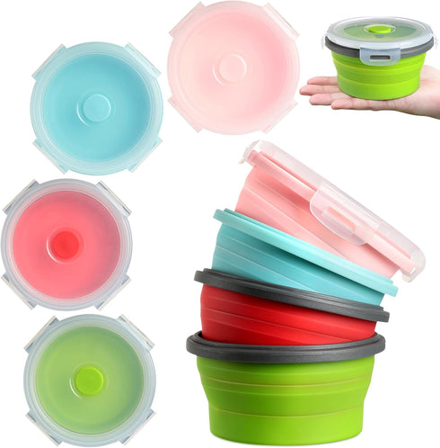 4 Pcs Camping Bowl with Lid Collapsible Silicone Bowl Lunch Box Salad Bowl Expandable Food Storage Container Set Folding Travel Bowl for Hiking He...