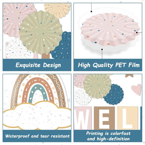 67 Pieces Simply Boho Welcome Classroom Bulletin Board Set Rainbow Bulletin Board Classroom Decoration Balloon Paper Fans Cutouts for Primary Scho...