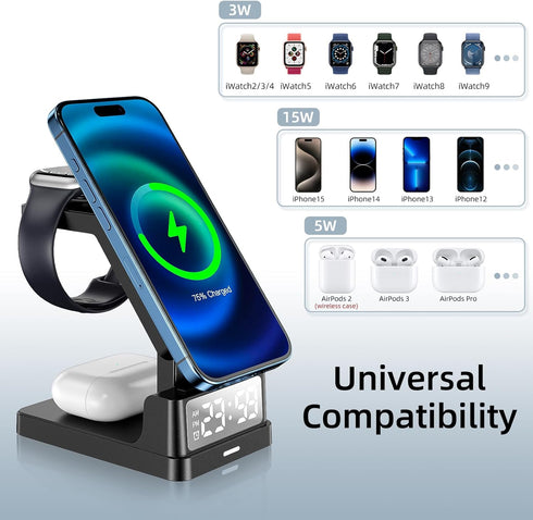 4-in-1 15W Fast Wireless Charger Station with Clock - Compatible with iPhone 15/14/13/12 Pro Max, Apple Watch, and AirPods Pro/2/3 - Includes Alar...