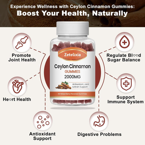 Sugar Free Ceylon Cinnamon Gummies 2000mg, Cinnamon Supplement with Chromium and Cinnamon Bark, Cinnamon Supplement for Joint & Brain Support, Veg...