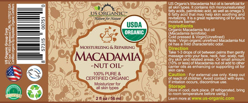 US Organic Macadamia Nut Oil Unrefined Virgin, USDA Certified Organic, Pure & Natural, Cold Pressed, Sourced in Kenya, in Amber Glass Bottle w/Gla...
