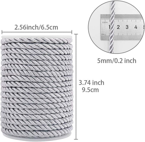 5mm Twisted Cord Trim, 59 Feet Silver Decorative Rope for Curtain Tieback, Upholstery, Honor Cord, Home Decor...