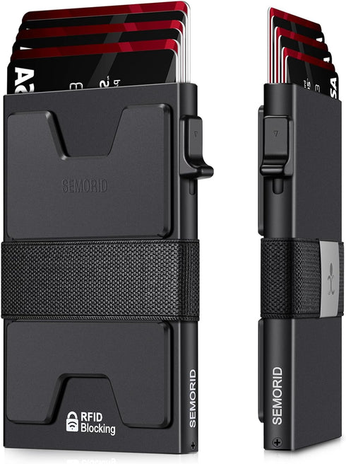 Slim Aluminum Card Holder Wallet for Men, Durable Expandable Backplate, RFID Blocking Minimalist Metal Pop Up Wallet, Holds 12+ Cards Plus Cash (B...