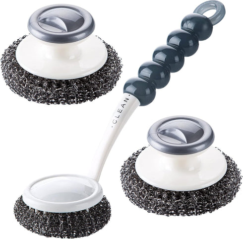 3 Pack Stainless Steel Scrubber with Handle, Steel Wool Scrubber for Cleaning Dishes, Metal Sponges for Pots, Sink,Pans, Grills...