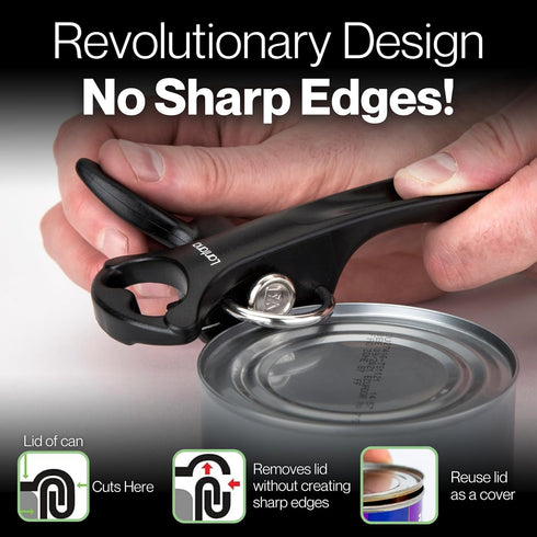 Lantana Smooth Edge Can Opener with Bottle Cap Lifter - Hand Held Manual Safety Tin Opener - Black/Stainless Steel...