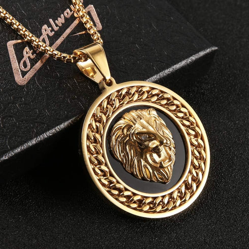 Hip Hop Jewelry 3D Lion Head Shiny Circle of Cuban Link Pendant Gold Medallion Lion King Leo Necklace for Men Women...