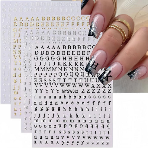 Letters Nail Art Stickers English Alphabet Nail Decals 3D Self-Adhesive Metallic Gold Silver Nail Sticker Black White Letter Nail Art Supplies for...