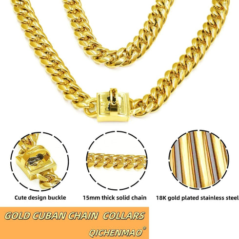 Heavy Duty Cuban Link Chain Dog Collars 15MM Gold/Silver Stainless Steel Metal Walking Training Collars with Cute Secure Design Buckle, Chew Proof...