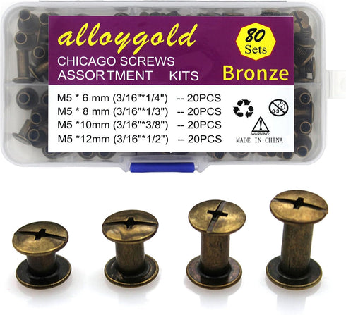 Bronze M5 Chicago Screws Assorted Kit 80 Sets 4 Sizes Leather Rivets 1/4 1/3 3/8 1/2 inches Screw Posts Rivets Nail Rivet Chicago Buttons for DIY ...