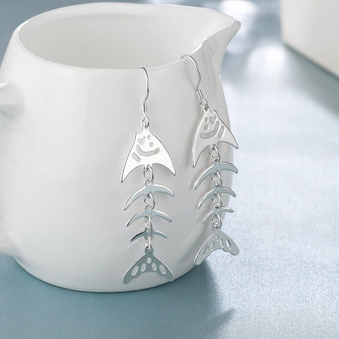 Sterling Silver Plated Earrings Drop Dangle Fish Hook Fish Bones .68" L383...