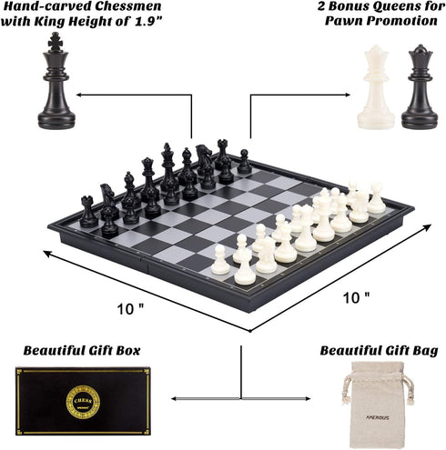AMEROUS 10 Inches Magnetic Travel Chess Set with Folding Chess Board - 2 Extra Queens - Storage Bag for Pieces - Instructions for Beginner, Kids a...