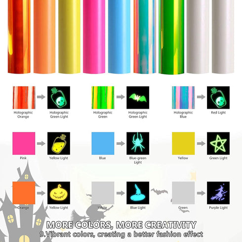 Glow in Dark Vinyl Permanent HTV Heat Transfer Vinyl, Heflashor Glow in The Dark Iron on Transfer Vinyl 9 Pack PU Luminous Fluorescent Color Chang...