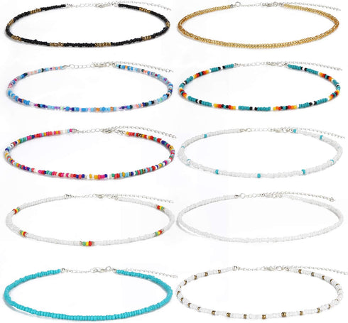 SCIONE Beaded Necklace 10 Pieces Tiny Seed Beaded Necklace Bohemian Hawaiian White Rainbow Adjustable Colorful Necklaces for Women Girls...