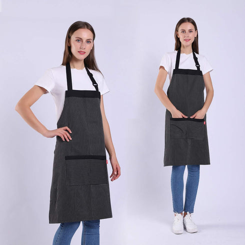 Aprons for Women and Men, Kitchen Chef Apron with 2 Pockets and 40" Long Ties, Adjustable Bib Apron for Cooking, Serving - 32" x 28" - Black/White...