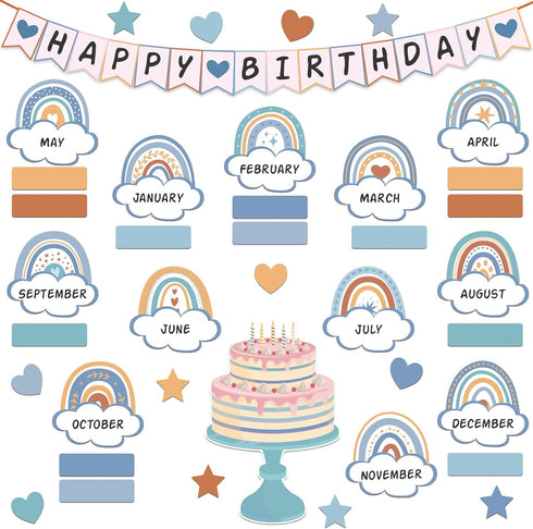 65 Pieces Rainbow Birthday Bulletin Board Set Happy Birthday Bulletin Board Decor Classroom Birthday Chart Cutouts Decorations Rainbow Happy Birth...