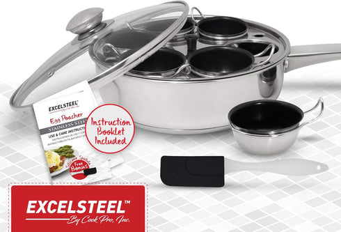 EXCELSTEEL Non Stick Easy Use Rust Resistant Home Kitchen Breakfast Brunch Induction Cooktop Egg Poacher, 6 Cup, Stainless Steel, Round...