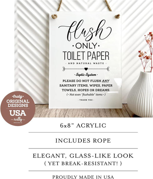 6x8 Inch Septic System Flush Only Toilet Paper, Not Hopes & Dreams, Designer Bathroom Sign ~ Ready to Hang ~ Premium Finish, Durable (1)...