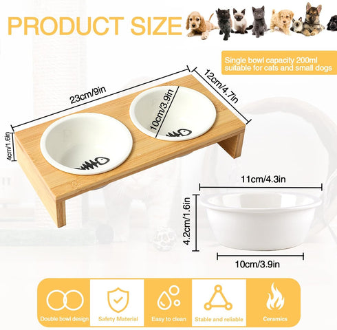 Raised Slow Feeder Dog Bowls Improves Digestion,Dog Elevated Food Bowl with 2 Ceramic Bowls, 1.6" Height Cat Water and Food Bowl(Bamboo)...