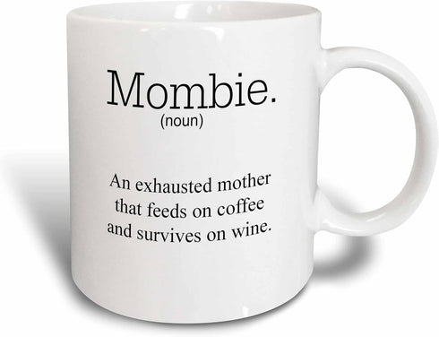 3dRose mug_200710_6 mombie an exhausted mother that feeds on wine and coffee - Two Tone Blue Mug, 11oz...