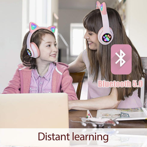 Kids Wireless Headphones Cat Ear LED Light Up Bluetooth Foldable Headphones Over Ear w/Microphone for Online Distant Learning (Pink)......