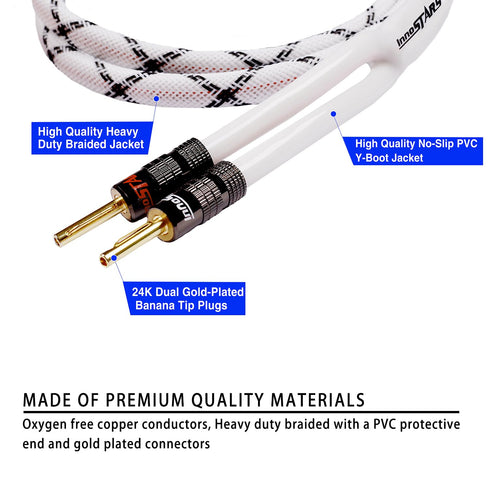 12AWG OFC HiFi Speaker Wire with Dual Gold Plated Banana Tip Plugs (15 Feet), High-End Heavy Duty Braided, 99.99% Oxygen-Free Copper - White, 15 F...