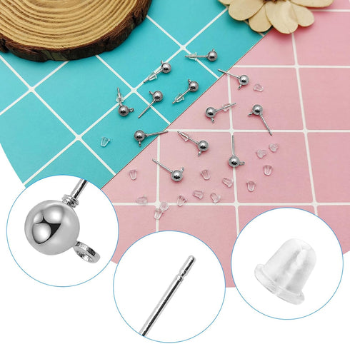 200Pcs Earring Studs for Jewelry Making, Hypoallergenic Ball Post Earring Studs Earring Findings Earring Posts with Loop with 200Pcs Silicone Clea...
