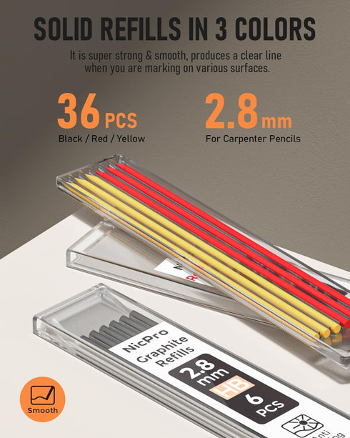 Nicpro 3 Pack Carpenter Pencil Set with Sharpener & Finger Grip, Mechanical Woodworking Pencils with 39 Refills (Red, Black, Yellow), Deep Hole Ma...