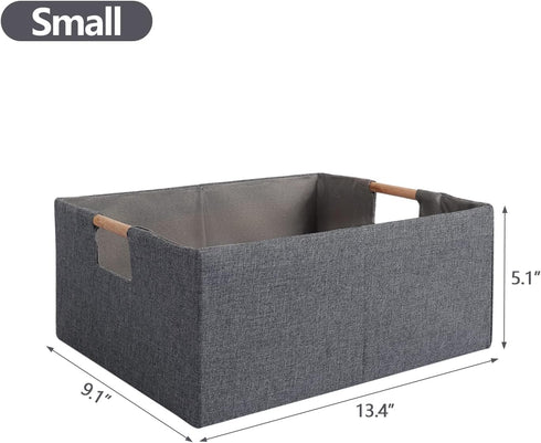 Fabric Storage Bin Box Foldable Cotton Linen Storage Basket with Wooden Handles Rectangular Cube Decorative Home Laundry Organizer Clothes Blanket...