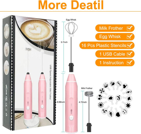 Milk Frother Handheld, Gbivbe Rechargeable Whisk Drink Mixer for Coffee with Art Stencils, Mini Foamer for Cappuccino, Hot Chocolate Match, Frappe...