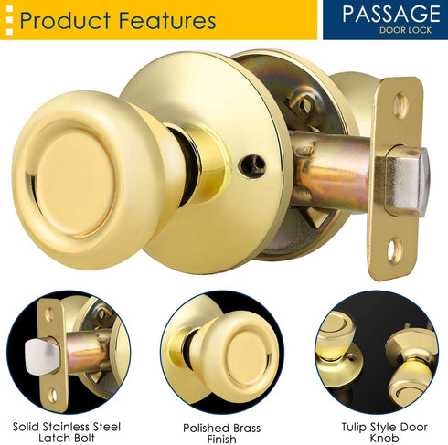 home improvement direct Passage Door Knobs for Hallway and Closet Door, Keyless Non-Locking Interior Door Knob Handle in Polished Brass...
