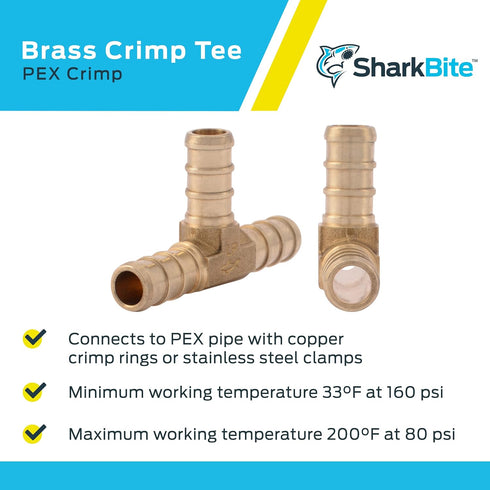 SharkBite 3/8 Inch Crimp Tee, Brass Plumbing Fitting, PEX Pipe, PE-RT, UC360LFA...