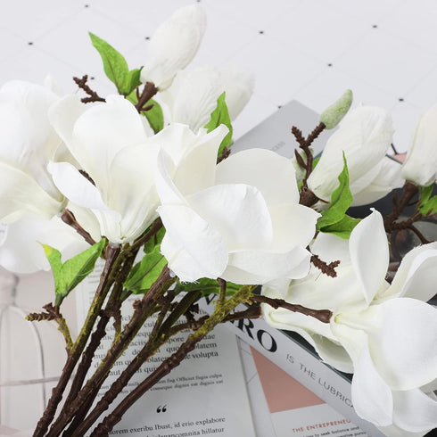 DULRLLY 6Pcs Artificial Magnolia Flowers, Real Touch Magnolia Bouquet for Floral Arrangement, White Silk Magnolia with Leaves for Vases Home Decor...