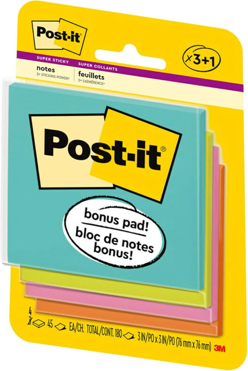 Post-it Super Sticky Notes, 3x3 in, 4 Pads, 2x the Sticking Power, Miami Collection, Neon Colors (Orange, Pink, Blue, Green), Recyclable(3321-SSAN...