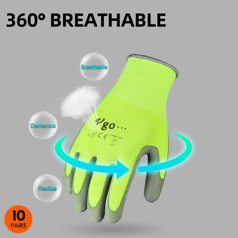 Vgo... 10-Pairs Safety Work Gloves, Gardening Gloves, Polyurethane Coated, Dipping Gloves, Latex Free (Size L, Yellow, PU2103)...