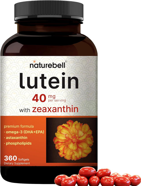 Lutein 40mg and Zeaxanthin 1,600mcg Per Serving, 360 Softgels | 4 in 1 with Omega-3s, Astaxanthin, & Phospholipids – Marigold Flower Extract – Eye...